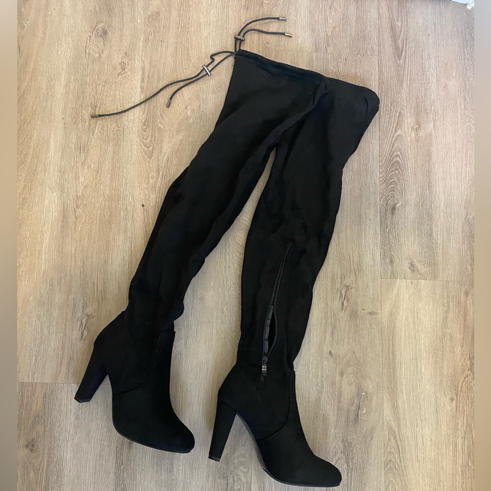Nature Breeze Black Thigh High Boots, Chunk Heel